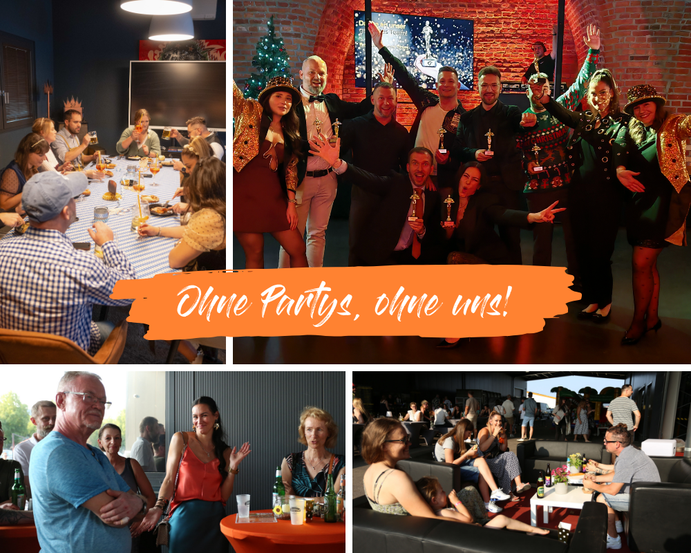 Eine Collage mit Bildern unserer verschiedenen Events wie Sommerfest, Weihnachtsfeier und Oktoberfest