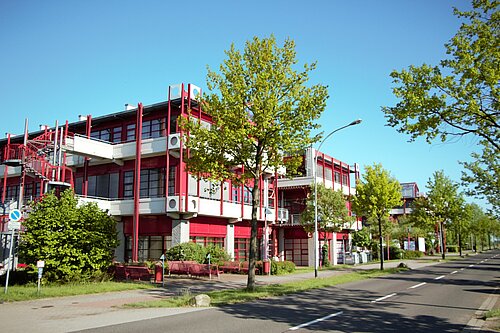 Big red building during a sunny day