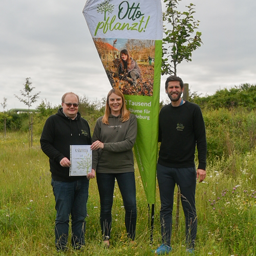 one women and two man on a meadow